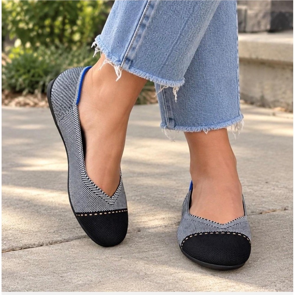 Rothys The Point Flats Black White Herringbone Cap Toe Size 9.5